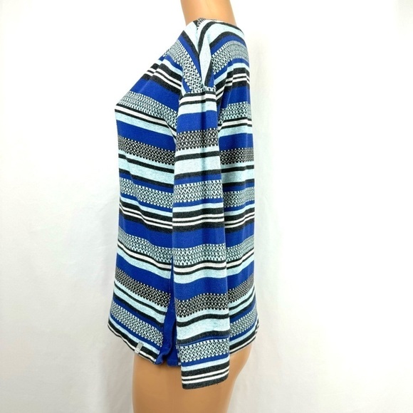 T By Talbots Womens Sz M Blue Gray Striped Button Sides 100% Cotton Knit Sweater - Picture 3 of 12